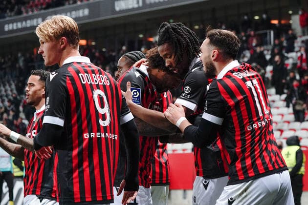 Joie - Khephren Thuram (OGC Nice) - Dante (OGC Nice) - Kasper Dolberg (OGC Nice) - Amine Gouiri (OGC Nice) FOOTBALL : OGC Nice vs FC Nantes - Ligue 1 Uber Eats - Nice - 14 01 2021 NorbertScanella Panoramic 