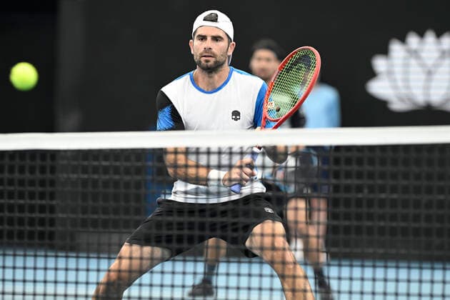 15th January 2022: Ken Rosewall Arena, Sydney Olympic Park, Sydney, Australia; Sydney Tennis Classic, Day 7 Mens Doubles Final: doubles pair Simone Bolelli and Fabio Fognini of Italy in their match against John Peers of Australia and Filip Polasek of Slovakia  ActionPlus12356185 NigelxOwen