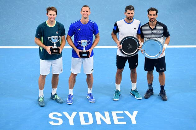SYDNEY TENNIS CLASSIC, John Peers of Australia (left) and Filip Polasek of Slovakia along with Simone Bolelli and Fabio Fognini of Italy pose with their trophies following their doubles final match on Day 6 of the Sydney Tennis Classic at Sydney Olympic Park in Sydney, Saturday, January 15, 2022. ( NO ARCHIVING, EDITORIAL USE ONLY, NO USE IN BOOKS WITHOUT CONSENT SYDNEY NSW AUSTRALIA  Copyright: xDANxHIMBRECHTSx 20220115001613548996