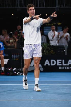 ADELAIDE, AUSTRALIA - JANUARY 15: Thanasi Kokkinakis of Australia celebrates winning the ATP, Tennis Herren final singles match between Arthur Rinderknech of France and Thanasi Kokkinakis of Australia on day seven of the Adelaide International tennis tournament 2 at Memorial Drive on January 15, 2022 in Adelaide, Australia. (Photo by Peter Mundy Speed Media Icon Sportswire) TENNIS: JAN 15 Adelaide International Icon2201150158