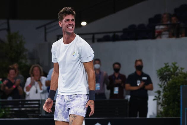 ADELAIDE, AUSTRALIA - JANUARY 15: Thanasi Kokkinakis of Australia celebrates winning the ATP, Tennis Herren final singles match between Arthur Rinderknech of France and Thanasi Kokkinakis of Australia on day seven of the Adelaide International tennis tournament 2 at Memorial Drive on January 15, 2022 in Adelaide, Australia. (Photo by Peter Mundy Speed Media Icon Sportswire) TENNIS: JAN 15 Adelaide International Icon2201150160