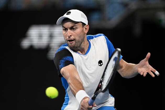 15th January 2022: Ken Rosewall Arena, Sydney Olympic Park, Sydney, Australia; Sydney Tennis Classic, Day 7 Mens Final: Aslan Karatsev of Russia hits a backhand to Andy Murray of Great Britain  ActionPlus12356302 NigelxOwen