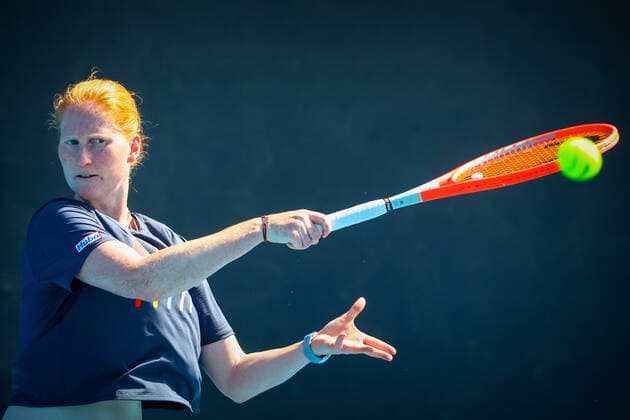 Belgian Alison Van Uytvanck pictured in action during a training session, ahead of the Australian Open Grand Slam tennis tournament, Saturday 15 January 2022 in Melbourne Park, Melbourne, Australia. The 2022 edition of the Australian Grand Slam takes place in the ongoing pandemic. PATRICKxHAMILTON  x3182035x