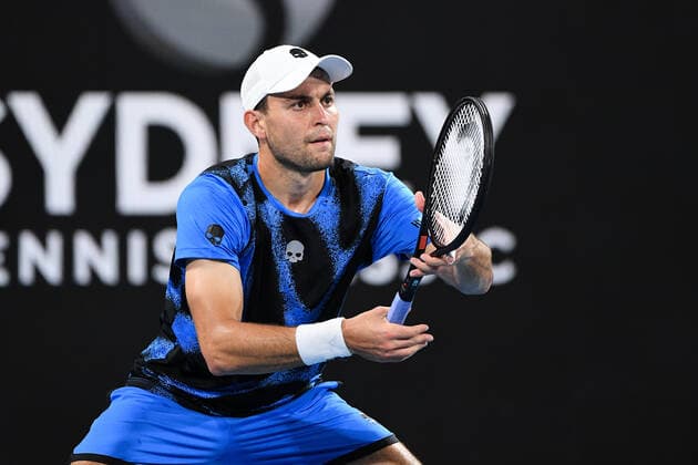 SYDNEY, AUSTRALIA - JANUARY 15: Aslan Karatsev of Russia waits to return serve during the Sydney Classic Tennis men s singles final between Andy Murray of Great Britain and Aslan Karatsev of Russia at Ken Rosewall Arena on January 15, 2022 in Sydney, Australia. (Photo by Steven Markham Icon Sportswire) TENNIS: JAN 15 Sydney Classic Icon2201150165
