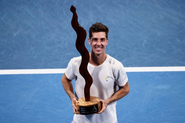 ADELAIDE, AUSTRALIA - JANUARY 15: Thanasi Kokkinakis of Australia wins the ATP, Tennis Herren final singles match between Arthur Rinderknech of France and Thanasi Kokkinakis of Australia on day seven of the Adelaide International tennis tournament 2 at Memorial Drive on January 15, 2022 in Adelaide, Australia. (Photo by Peter Mundy Speed Media Icon Sportswire) TENNIS: JAN 15 Adelaide International Icon2201150168