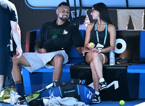 TENNIS AUSTRALIAN OPEN PRACTICE, Nick Kyrgios of Australia reacts with girlfriend Costeen Hatzi during a practice session ahead of the Australian Open, at Melbourne Park in Melbourne, Sunday, January 16, 2022. ( NO ARCHIVING, EDITORIAL USE ONLY, NO USE IN BOOKS WITHOUT CONSENT MELBOURNE VIC AUSTRALIA  Copyright: xDAVExHUNTx 20220116001613836586