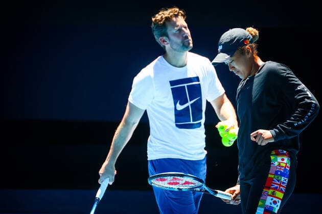 Osaka s coach Wim Fissette and Japanese Naomi Osaka pictured during a training session, ahead of the Australian Open Grand Slam tennis tournament, Sunday 16 January 2022 in Melbourne Park, Melbourne, Australia. The 2022 edition of the Australian Grand Slam takes place in the ongoing pandemic. PATRICKxHAMILTON  x3285743x