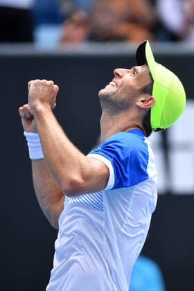 TENNIS AUSTRALIAN OPEN, Aleksandar Vukic of Australia reacts after defeating Llyod Harris of South Africa in their Mens singles match on Day 1 of the Australian Open tennis tournament, at Melbourne Park, in Melbourne, Monday, January 17, 2022. ( NO ARCHIVING, EDITORIAL USE ONLY, NO USE IN BOOKS WITHOUT CONSENT MELBOURNE VIC AUSTRALIA  Copyright: xJAMESxROSSx 0147946698st