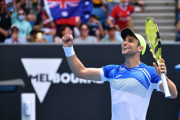 TENNIS AUSTRALIAN OPEN, Aleksandar Vukic of Australia reacts after defeating Llyod Harris of South Africa in their Mens singles match on Day 1 of the Australian Open tennis tournament, at Melbourne Park, in Melbourne, Monday, January 17, 2022. ( NO ARCHIVING, EDITORIAL USE ONLY, NO USE IN BOOKS WITHOUT CONSENT MELBOURNE VIC AUSTRALIA  Copyright: xJAMESxROSSx 0147946767st