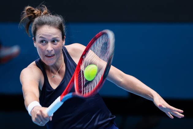 January 17, 2022: TATJANA MARIA (GER) in action against 5th seed MARIA SAKKARI (GRE) on Rod Laver Arena in a Women s Singles 1st round match on day 1 of the 2022 Australian Open in Melbourne, Australia. Cal Media USA - ZUMAc04_ 20220117_zaf_c04_022 Copyright: xSydneyxLowx