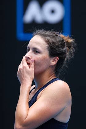 January 17, 2022: TATJANA MARIA (GER) reacts after playing a point against 5th seed MARIA SAKKARI (GRE) on Rod Laver Arena in a Women s Singles 1st round match on day 1 of the 2022 Australian Open in Melbourne, Australia. Cal Media USA - ZUMAc04_ 20220117_zaf_c04_025 Copyright: xSydneyxLowx