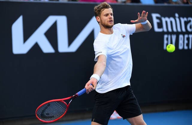 Yannick Hanfmann of Germany in action during their Mens singles match against Thanasi Kokkinakis of Australia on Day 1 of the Australian Open tennis tournament, at Melbourne Park, in Melbourne, Monday, January 17, 2022. (AAP Image James Ross) NO ARCHIVING MELBOURNE AUSTRALIA - ZUMALIAN 0147970165st Copyright: xJAMESxROSSx