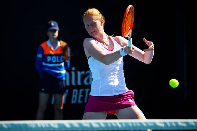 Belgian Alison Van Uytvanck pictured in action during a tennis match between Belgian Van Uytvanck and Spanish Bucsa, in the first round of the women s singles at the Australian Open Grand Slam tennis tournament, Monday 17 January 2022 in Melbourne Park, Melbourne, Australia. Van Uytvanck won the game 6-3 6-4. The 2022 edition of the Australian Grand Slam takes place from January 17th to January 30th. PATRICKxHAMILTON  x3443391x