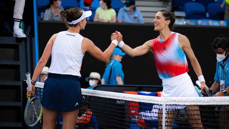 January 17, 2022, MELBOURNE, AUSTRALIA: Barbora Krejcikova of the Czech Republic & Andrea Petkovic of Germany in action during the first round of the 2022 Australian Open Grand Slam tennis tournament MELBOURNE AUSTRALIA - ZUMAa181 20220117_zaa_a181_201 Copyright: xRobxPrangex