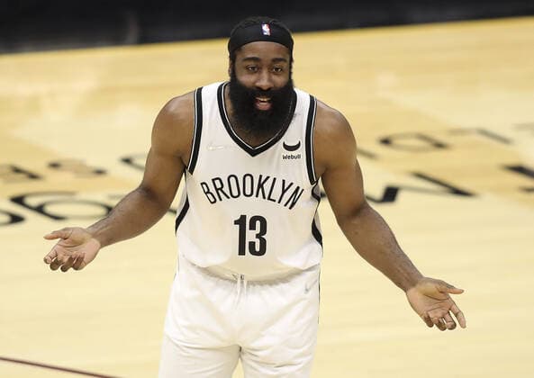 Brooklyn Nets James Harden (13) reacts to a play against the Cleveland Cavaliers at Rocket Mortgage Field House in Cleveland, Ohio on Monday, January 17, 2022.  CLE20220117129 AARONxJOSEFCZYK
