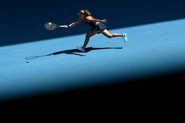 TENNIS AUSTRALIAN OPEN, Magdalena Frech of Poland plays a shot during her first round Women?s singles match against Simona Halep of Romania on Day 2 of the Australian Open, at Melbourne Park, in Melbourne, Tuesday, January 18, 2022. ( NO ARCHIVING, EDITORIAL USE ONLY, NO USE IN BOOKS WITHOUT CONSENT MELBOURNE VIC AUSTRALIA  Copyright: xJOELxCARRETTx 20220118001614384648