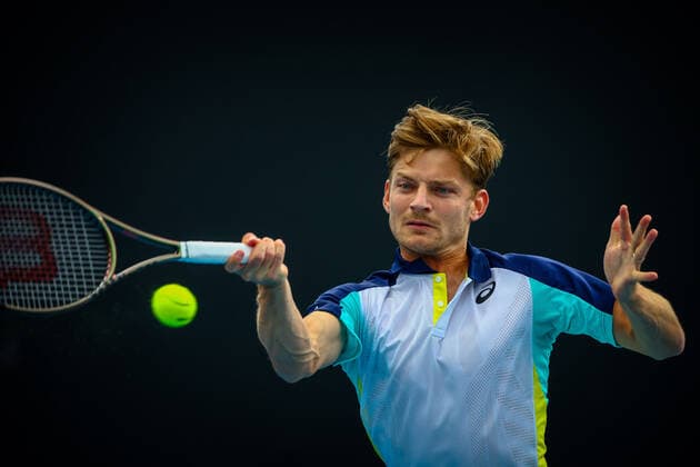 David Goffin ATP, Tennis Herren 45) pictured in action at a tennis match between Belgian Goffin and British Evans, in the first round of the men s singles at the Australian Open Grand Slam tennis tournament, Tuesday 18 January 2022 in Melbourne Park, Melbourne, Australia. The 2022 edition of the Australian Grand Slam takes place from January 17th to January 30th. PATRICKxHAMILTON  x3480483x