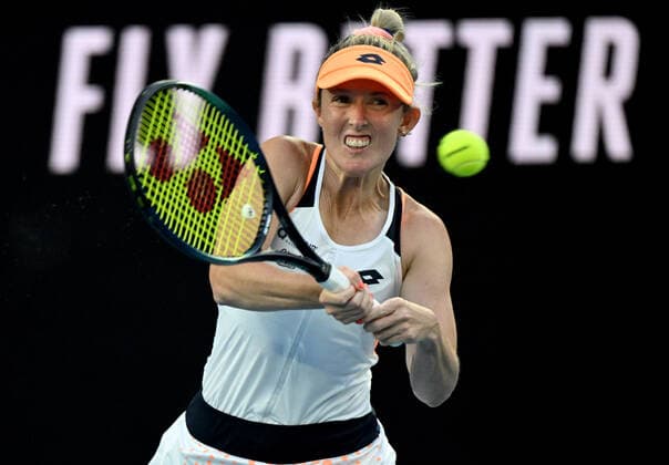 TENNIS AUSTRALIAN OPEN, Storm Sanders of Australia plays a shot during her first round Women?s singles match against Aryna Sabelenka of Belarus on Day 2 of the Australian Open, at Melbourne Park, in Melbourne, Tuesday, January 18, 2022. ( NO ARCHIVING, EDITORIAL USE ONLY, NO USE IN BOOKS WITHOUT CONSENT MELBOURNE VIC AUSTRALIA  Copyright: xDEANxLEWINSx 20220118001614407782