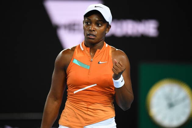 TENNIS AUSTRALIAN OPEN, Sloane Stephens of the USA reacts during her first round Women?s singles match against Emma Raducanu of Great Britain on Day 2 of the Australian Open, at Melbourne Park, in Melbourne, Tuesday, January 18, 2022. ( NO ARCHIVING, EDITORIAL USE ONLY, NO USE IN BOOKS WITHOUT CONSENT MELBOURNE VIC AUSTRALIA  Copyright: xJAMESxROSSx 20220118001614441956