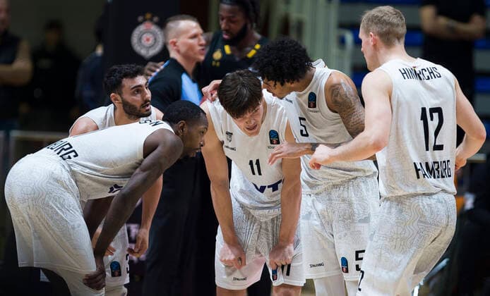 Maik Kotsar of Hamburg Towers, Caleb Homesley of Hamburg Towers, Zachary Brown of Hamburg Towers, Seth Hinrichs of Hamburg Towers Partizan Nis Belgrade vs Hamburg Towers, Euro Cup Basketball, 18 January, 18.01.2022 Partizan Nis Belgrade vs Hamburg Towers, Euro Cup Basketball, 18 January, 18.01.2022 Belgrade Copyright: xEIBNER NikolaxKrsticx EP_EER