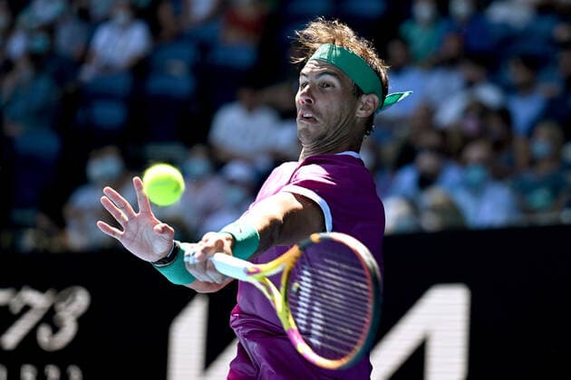 TENNIS AUSTRALIAN OPEN, Rafael Nadal of Spain plays a shot during his second round Men?s singles match against Yannick Hanfmann of Germany on Day 3 of the Australian Open, at Melbourne Park, in Melbourne, Wednesday, January 19, 2022. ( NO ARCHIVING, EDITORIAL USE ONLY, NO USE IN BOOKS WITHOUT CONSENT MELBOURNE VIC AUSTRALIA  Copyright: xDEANxLEWINSx 20220119001614641403