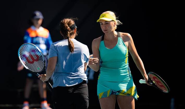 Mandatory Credit: Photo by Rob Prange Shutterstock (12763713dw) Sania Mirza of India & Nadiia Kichenok of Ukraine in action during the first round of doubles at the 2022 Australian Open Grand Slam tennis tournament Australian Open, Day Three, Tennis, Melbourne Park, Melbourne, Australia - 19 Jan 2022 Australian Open, Day Three, Tennis, Melbourne Park, Melbourne, Australia - 19 Jan 2022 Copyright: xRobxPrange Shutterstockx 12763713dw