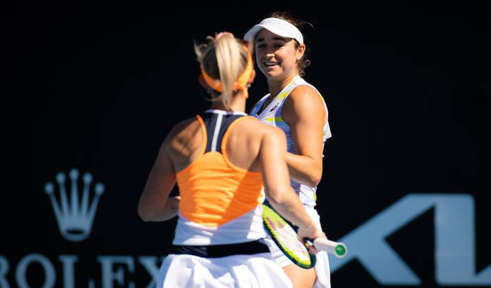 Mandatory Credit: Photo by Rob Prange Shutterstock (12763713ee) Storm Sanders of Australia & Caroline Dolehide of the United States in action during the first round of doubles at the 2022 Australian Open Grand Slam tennis tournament Australian Open, Day Three, Tennis, Melbourne Park, Melbourne, Australia - 19 Jan 2022 Australian Open, Day Three, Tennis, Melbourne Park, Melbourne, Australia - 19 Jan 2022 Copyright: xRobxPrange Shutterstockx 12763713ee