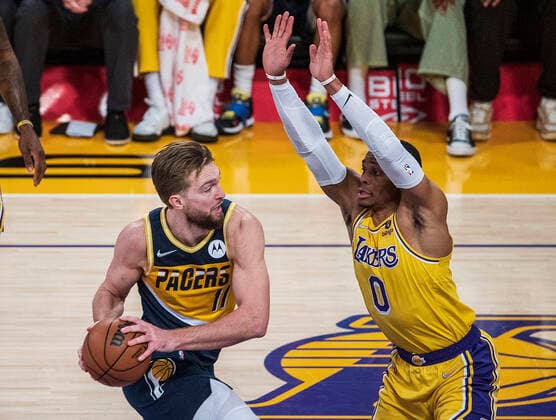 January 19, 2022, Los Angeles, California, USA: Russell Westbrook 0 of the Los Angeles Lakers defended against Domantas Sabonis 11 of the Indiana Pacers during their NBA, Basketball Herren, USA game on Wednesday January 19, 2022 at Crypto.com Arena in Los Angeles, California. PI Los Angeles USA - ZUMAp124 20220119_zaa_p124_006 Copyright: xJAVIERxROJASx