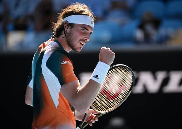 Mandatory Credit: Photo by James Gourley Shutterstock (12765058dg) Stefanos Tsitsipas celebrates during his second round match Australian Open, Day Four, Tennis, Melbourne Park, Melbourne, Australia - 20 Jan 2022 Australian Open, Day Four, Tennis, Melbourne Park, Melbourne, Australia - 20 Jan 2022 Copyright: xJamesxGourley Shutterstockx 12765058dg