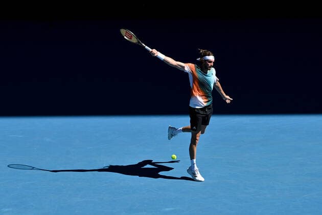 TENNIS AUSTRALIAN OPEN, Stefanos Tsitsipas of Greece plays a shot during his second round Men?s singles match against Sebastian Baez of Argentinaon day 4 of the Australian Open at Melbourne Park in Melbourne, Thursday, January 20, 2022. ( NO ARCHIVING, EDITORIAL USE ONLY, NO USE IN BOOKS WITHOUT CONSENT MELBOURNE VICTORIA AUSTRALIA  Copyright: xJOELxCARRETTx 20220120001615103560