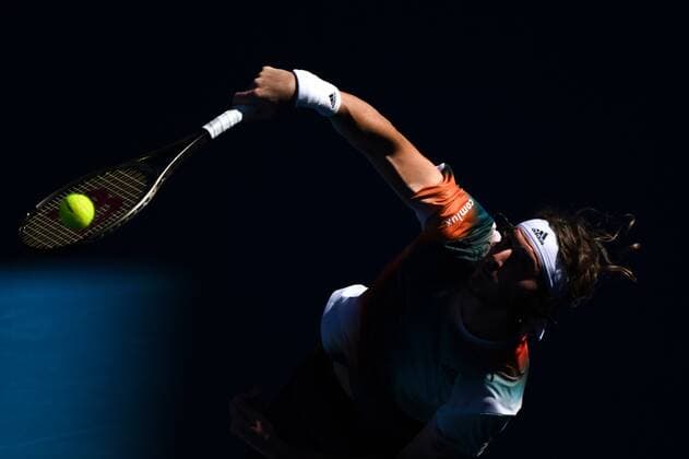 Mandatory Credit: Photo by James Gourley Shutterstock (12765058el) Stefanos Tsitsipas during his second round match Australian Open, Day Four, Tennis, Melbourne Park, Melbourne, Australia - 20 Jan 2022 Australian Open, Day Four, Tennis, Melbourne Park, Melbourne, Australia - 20 Jan 2022  Copyright: xJamesxGourley Shutterstockx 12765058el