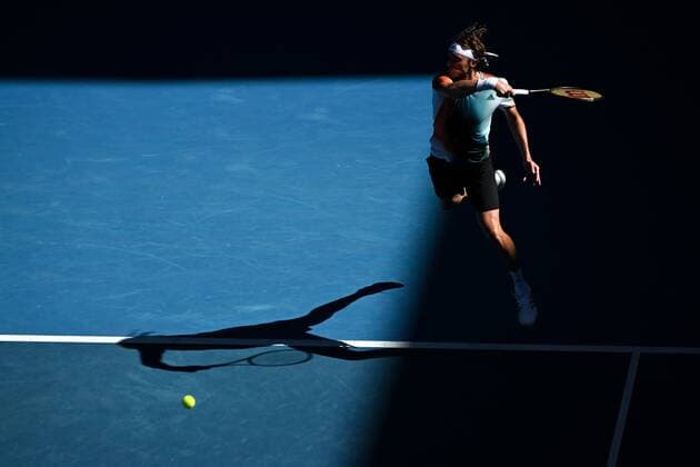 Mandatory Credit: Photo by James Gourley Shutterstock (12765058ey) Stefanos Tsitsipas during his second round match Australian Open, Day Four, Tennis, Melbourne Park, Melbourne, Australia - 20 Jan 2022 Australian Open, Day Four, Tennis, Melbourne Park, Melbourne, Australia - 20 Jan 2022  Copyright: xJamesxGourley Shutterstockx 12765058ey