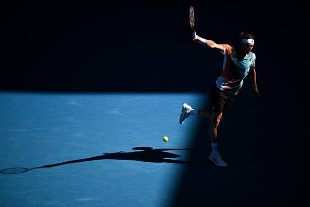 Mandatory Credit: Photo by James Gourley Shutterstock (12765058fa) Stefanos Tsitsipas during his second round match Australian Open, Day Four, Tennis, Melbourne Park, Melbourne, Australia - 20 Jan 2022 Australian Open, Day Four, Tennis, Melbourne Park, Melbourne, Australia - 20 Jan 2022  Copyright: xJamesxGourley Shutterstockx 12765058fa