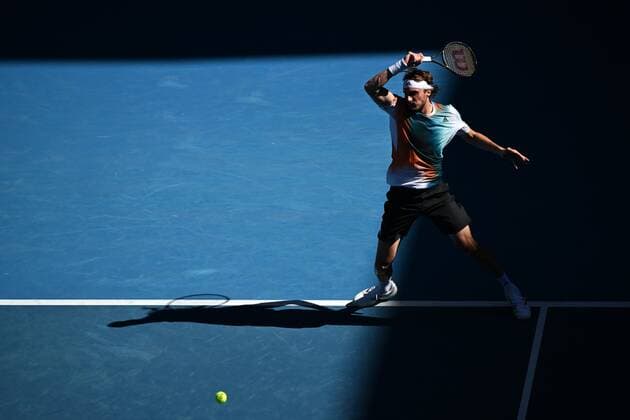 Mandatory Credit: Photo by James Gourley Shutterstock (12765058fb) Stefanos Tsitsipas during his second round match Australian Open, Day Four, Tennis, Melbourne Park, Melbourne, Australia - 20 Jan 2022 Australian Open, Day Four, Tennis, Melbourne Park, Melbourne, Australia - 20 Jan 2022  Copyright: xJamesxGourley Shutterstockx 12765058fb