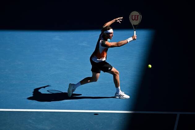 Mandatory Credit: Photo by James Gourley Shutterstock (12765058fc) Stefanos Tsitsipas during his second round match Australian Open, Day Four, Tennis, Melbourne Park, Melbourne, Australia - 20 Jan 2022 Australian Open, Day Four, Tennis, Melbourne Park, Melbourne, Australia - 20 Jan 2022  Copyright: xJamesxGourley Shutterstockx 12765058fc