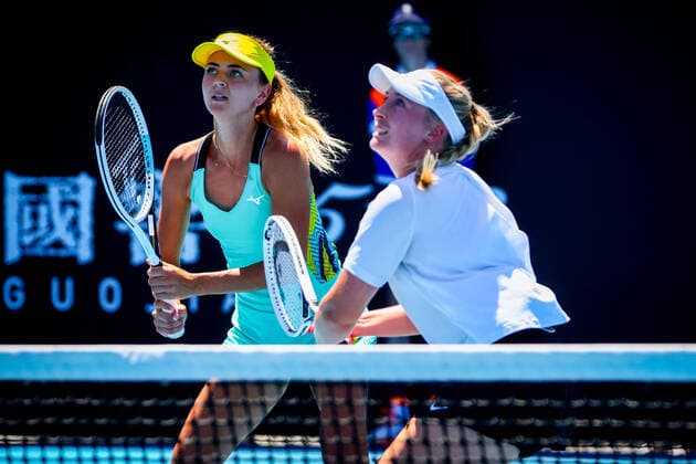 Belgian Maryna Zanevska and German Julia Lohoff pictured in action during a tennis match between the German-Belgian pair Lohoff-Zanevska and the Belgian-Spanish pair Flipkens-Sorribes Tormo, in the first round of the women s doubles at the Australian Open Grand Slam tennis tournament, Thursday 20 January 2022 in Melbourne Park, Melbourne, Australia. The 2022 edition of the Australian Grand Slam takes place from January 17th to January 30th. PATRICKxHAMILTON  x4024006x