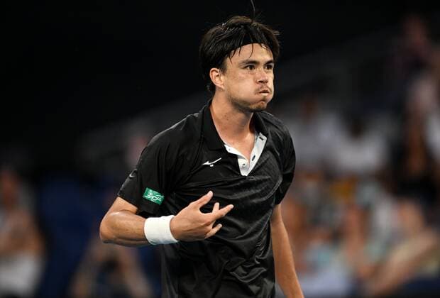 Mandatory Credit: Photo by James Gourley Shutterstock (12765058iu) Taro Daniel celebrates victory in his second round match Australian Open, Day Four, Tennis, Melbourne Park, Melbourne, Australia - 20 Jan 2022 Australian Open, Day Four, Tennis, Melbourne Park, Melbourne, Australia - 20 Jan 2022  Copyright: xJamesxGourley Shutterstockx 12765058iu
