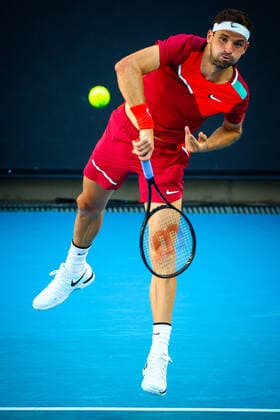 Bulgarian Grigor Dimitrov pictured in action during his match at the Australian Open Grand Slam tennis tournament, Thursday 20 January 2022 in Melbourne Park, Melbourne, Australia. The 2022 edition of the Australian Grand Slam takes place from January 17th to January 30th. PATRICKxHAMILTON  x4074034x