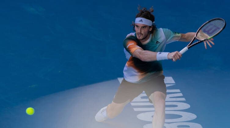 (220120) -- MELBOURNE, Jan. 20, 2022 -- Stefanos Tsitsipas of Greece competes during the men s singles 2nd round match against Sebastian Baez of Argentina at Australian Open in Melbourne Park, in Melbourne, Australia, Jan. 20, 2022. (Photo by Xinhua) (SP)AUSTRALIA-MELBOURNE-TENNIS-AUSTRALIAN OPEN-MEN S SINGLES HuxJingchen 