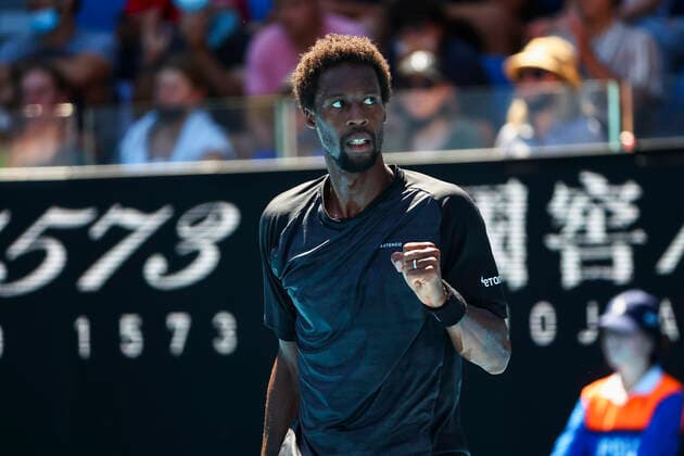 French Gael Monfils celebrates during a tennis match between French Monfils and Chilean Garin, in the third round of the men s singles at the Australian Open Grand Slam tennis tournament, Friday 21 January 2022 in Melbourne Park, Melbourne, Australia. The 2022 edition of the Australian Grand Slam takes place from January 17th to January 30th. PATRICKxHAMILTON  x4345592x