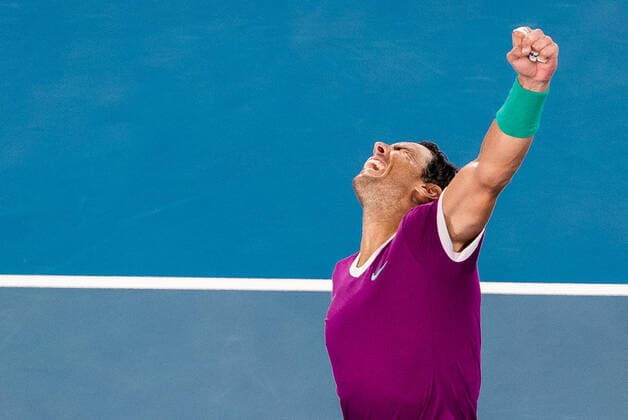 (220121) -- MELBOURNE, Jan. 21, 2022 -- Rafael Nadal of Spain celebrates after the men s singles 3rd round match against Karen Khachanov of Russia at Australian Open in Melbourne Park, in Melbourne, Australia, Jan. 21, 2022. (Photo by Xinhua) (SP)AUSTRALIA-MELBOURNE-TENNIS-AUSTRALIAN OPEN-MEN S SINGLES-THIRD ROUND HuxJingchen 