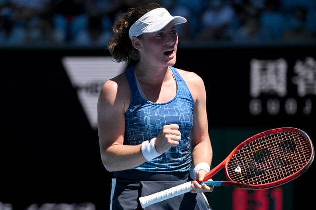 TENNIS AUSTRALIAN OPEN, Tamara Zidansek of Slovenia gestures during her third round match against Alize Cornet of France on Day 6 of the Australian Open, at Melbourne Park, in Melbourne, Saturday, January 22, 2022. ( NO ARCHIVING, EDITORIAL USE ONLY, NO USE IN BOOKS WITHOUT CONSENT MELBOURNE VIC AUSTRALIA  Copyright: xDEANxLEWINSx 20220122001615686013