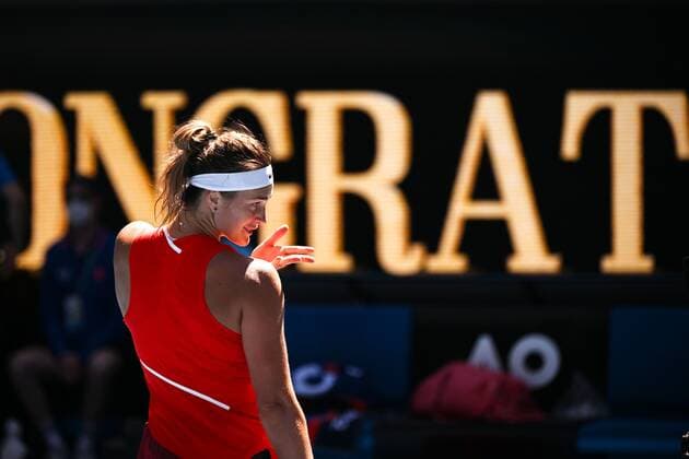 Mandatory Credit: Photo by James Gourley Shutterstock (12765088dm) Aryna Sabalenka celebrates victory in her third round match Australian Open, Day Six, Tennis, Melbourne Park, Melbourne, Australia - 22 Jan 2022 Australian Open, Day Six, Tennis, Melbourne Park, Melbourne, Australia - 22 Jan 2022 Copyright: xJamesxGourley Shutterstockx 12765088dm