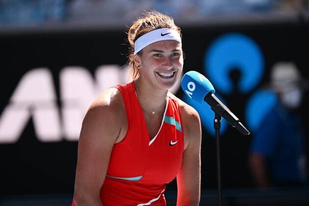 Mandatory Credit: Photo by James Gourley Shutterstock (12765088dl) Aryna Sabalenka celebrates victory in her third round match Australian Open, Day Six, Tennis, Melbourne Park, Melbourne, Australia - 22 Jan 2022 Australian Open, Day Six, Tennis, Melbourne Park, Melbourne, Australia - 22 Jan 2022 Copyright: xJamesxGourley Shutterstockx 12765088dl