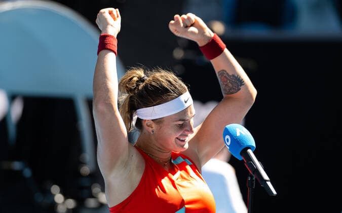 January 22, 2022, MELBOURNE, AUSTRALIA: Aryna Sabalenka of Belarus in action during the third round at the 2022 Australian Open Grand Slam Tennis Tournament against Marketa Vondrousova of the Czech Republic MELBOURNE AUSTRALIA - ZUMAa181 20220122_zaa_a181_117 Copyright: xRobxPrangex