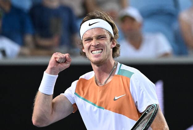 TENNIS AUSTRALIAN OPEN, Andrey Rublev of Russia celebrates during his third round match against Marin Cilic of Croatia on Day 6 of the Australian Open, at Melbourne Park, in Melbourne, Saturday, January 22, 2022. ( NO ARCHIVING, EDITORIAL USE ONLY, NO USE IN BOOKS WITHOUT CONSENT MELBOURNE VIC AUSTRALIA  Copyright: xDEANxLEWINSx 20220122001615839881