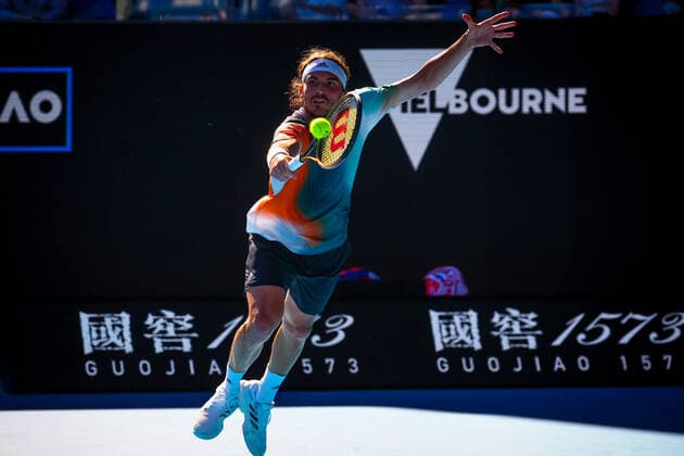 Greek Stefanos Tsitsipas pictured in action during a tennis match between french Paire and greek Tsitsipas, in the third round of the men s singles at the Australian Open Grand Slam tennis tournament, Saturday 22 January 2022 in Melbourne Park, Melbourne, Australia. The 2022 edition of the Australian Grand Slam takes place from January 17th to January 30th. PATRICKxHAMILTON  x4815779x