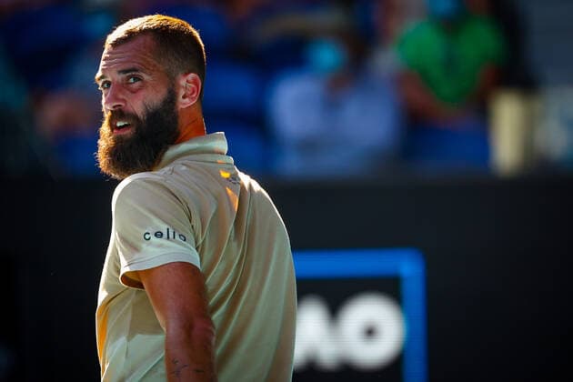 French Benoit Paire pictured during a tennis match between french Paire and greek Tsitsipas, in the third round of the men s singles at the Australian Open Grand Slam tennis tournament, Saturday 22 January 2022 in Melbourne Park, Melbourne, Australia. The 2022 edition of the Australian Grand Slam takes place from January 17th to January 30th. PATRICKxHAMILTON  x4815965x