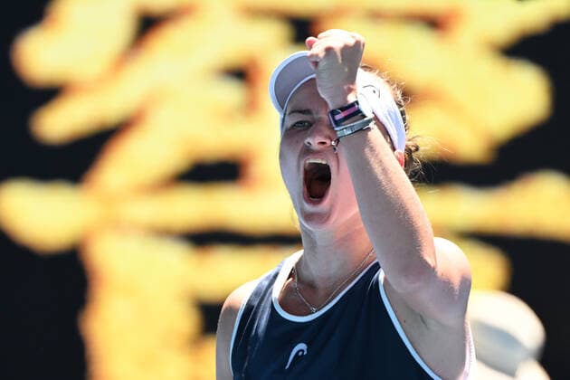 TENNIS AUSTRALIAN OPEN, Barbora Krejcikova of Czech Republic celebrates winning during her 4th round match against Victoria Azarenka of Belarus on Day 7 of the Australian Open at Melbourne Park in Melbourne, Sunday, January 23, 2022. ( NO ARCHIVING, EDITORIAL USE ONLY, NO USE IN BOOKS WITHOUT CONSENT MELBOURNE VIC AUSTRALIA  Copyright: xDAVExHUNTx 20220123001616102220