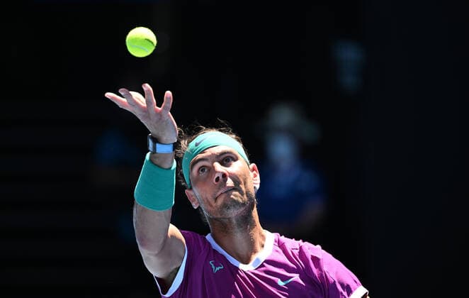 TENNIS AUSTRALIAN OPEN, Rafael Nadal of Spain in action during the 4th round match against Adrian Mannarino of France on Day 7 of the Australian Open at Melbourne Park in Melbourne, Sunday, January 23, 2022. ( NO ARCHIVING, EDITORIAL USE ONLY, NO USE IN BOOKS WITHOUT CONSENT MELBOURNE VIC AUSTRALIA  Copyright: xDAVExHUNTx 20220123001616105913
